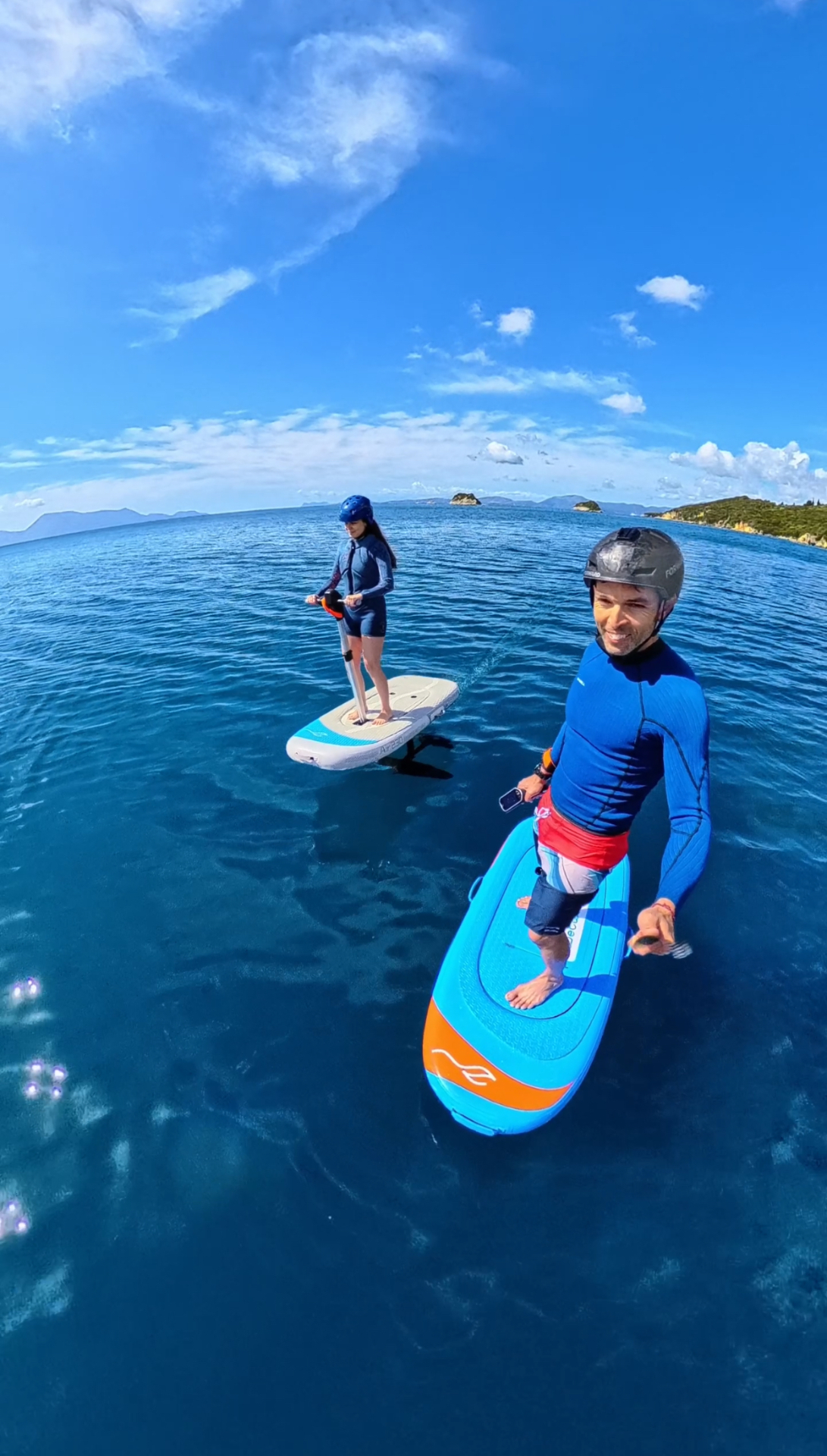 E-foil riders exploring the Ionian coastline