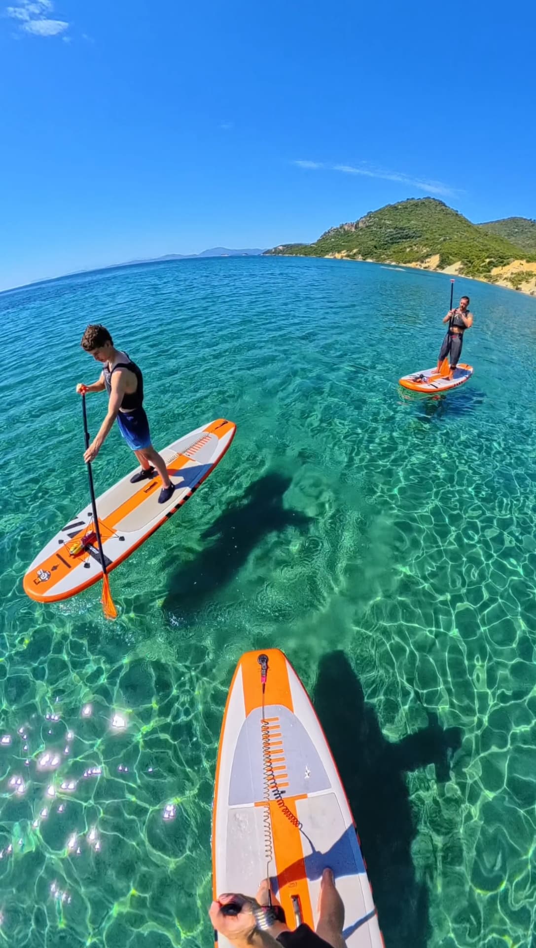 Three paddleboarders gliding over turquoise water beside a green headland